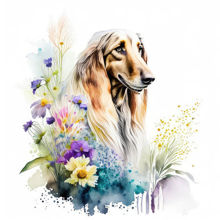 Watercolor portrait of a Afghan hound with flowers, isolated on white backgroundの素材