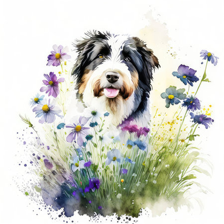 Watercolor portrait of a Bernese mountain dog with flowers in the meadowの素材