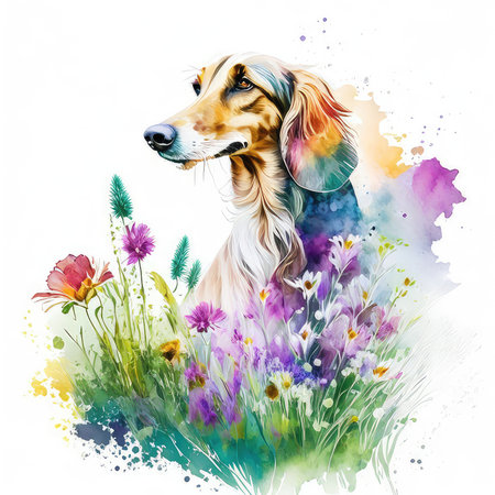 Watercolor portrait of a dachshund dog in the meadow.の素材