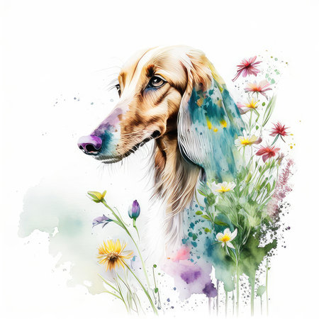 Watercolor portrait of a dachshund dog with flowers on a white backgroundの素材