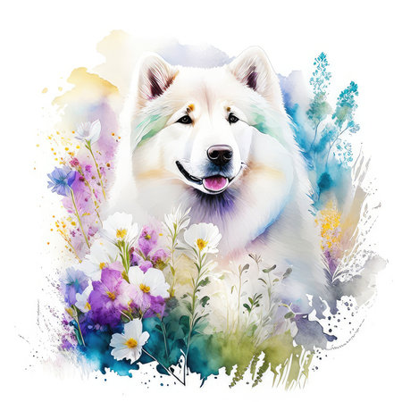Watercolor portrait of Samoyed dog with flowers. Digital painting.の素材