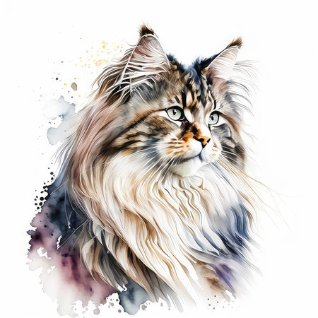 Watercolor portrait of a beautiful Maine Coon cat on white backgroundの素材
