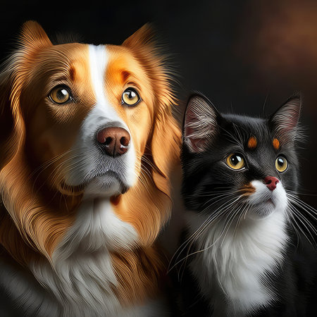 Cat and dog in front of a black and white background. Close-up.の素材