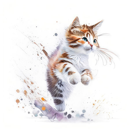 Cute kitten jumping. Watercolor painting. Isolated on white background.の素材