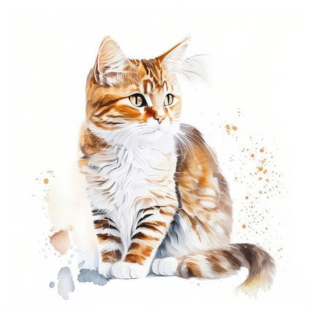 Cute ginger cat sitting on white background. Watercolor illustration.の素材