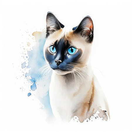 Watercolor portrait of a siamese cat with blue eyes on a white backgroundの素材