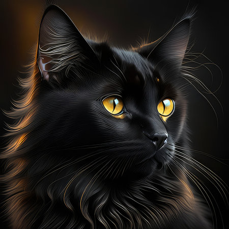 Black cat with yellow eyes on a black background. 3d renderingの素材