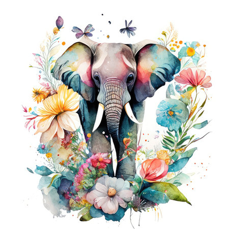 Beautiful watercolor card with elephant and flowers, isolated on whiteの素材