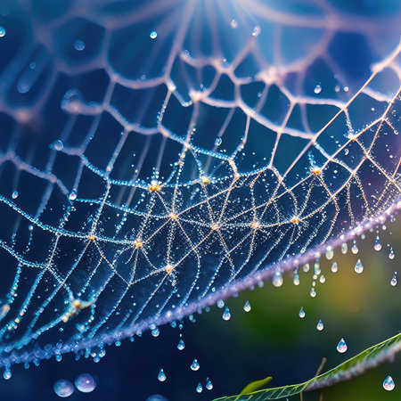 Water drops on spider web with bokeh background, close-upの素材