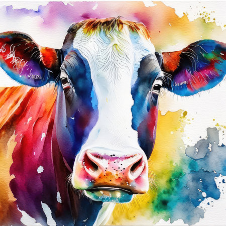 Watercolor portrait of a cow on a multicolored background.の素材