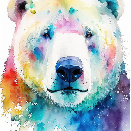 Watercolor portrait of a polar bear with a multicolored backgroundの素材