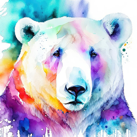 Watercolor portrait of a polar bear on a multicolored backgroundの素材