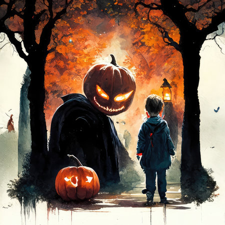 Halloween background with boy and jack-o-lantern. Digital paintingの素材