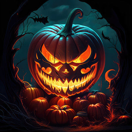 Halloween pumpkins with scary face on dark background. Vector illustration.の素材