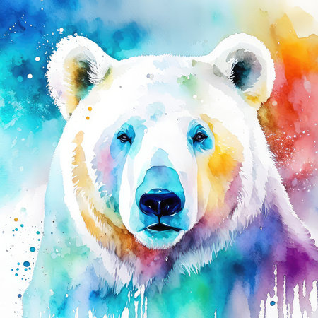 Watercolor portrait of a polar bear on a multicolored backgroundの素材