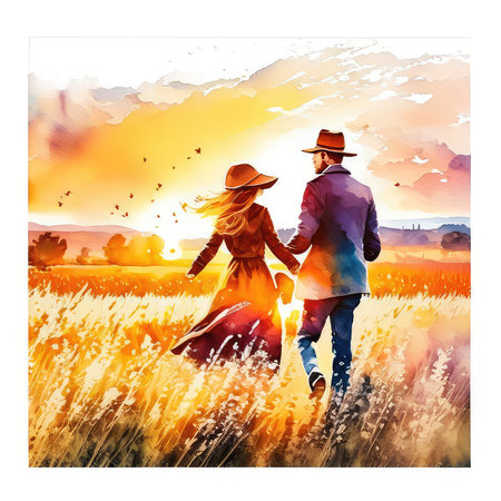 Beautiful couple in love walking in the field at sunset. Digital painting.の素材
