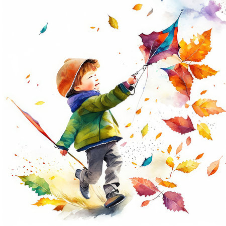 Little boy playing with colorful autumn leaves on white background. Watercolor illustrationの素材