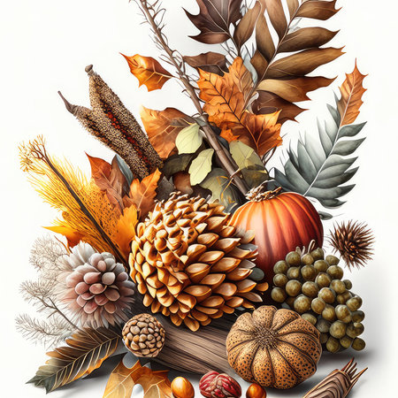 Autumn background with pumpkins, leaves and berries. Vector illustration.の素材