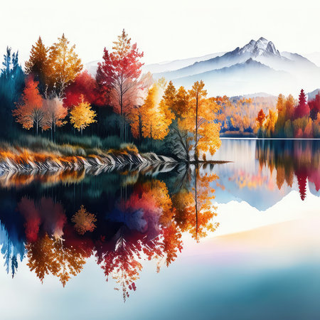 Beautiful autumn landscape with colorful forest and lake. Digital painting.の素材