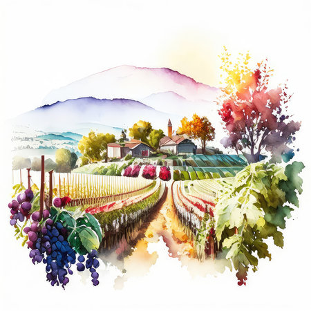 Watercolor landscape with vineyard, mountains and village. Hand drawn illustrationの素材