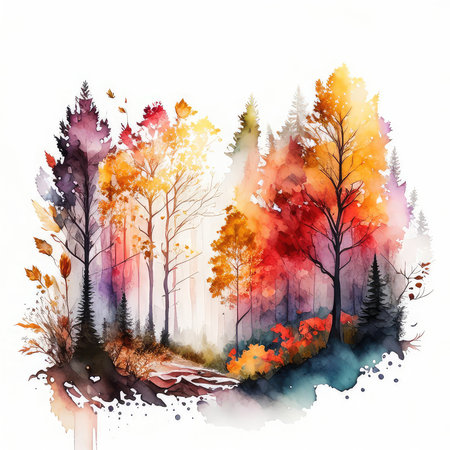 Autumn forest. Watercolor painting. Hand drawn illustration for your designの素材
