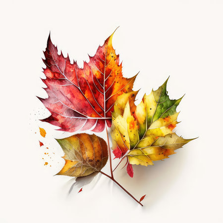 Autumn colored leaves isolated on white background. 3D illustration.の素材