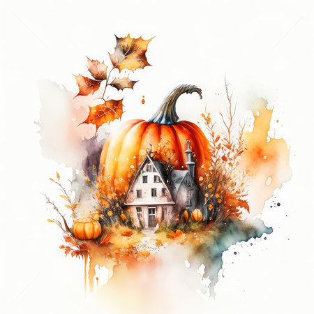 Halloween background with pumpkins and house. Watercolor illustration.の素材
