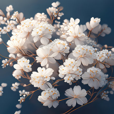 3d illustration, white flowers on a blue background, floral designの素材