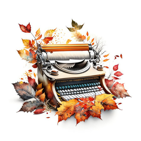Vintage typewriter with autumn leaves on white background. Vector illustration.の素材
