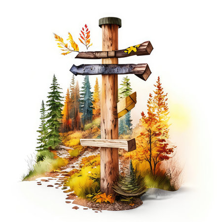 Wooden signpost in the autumn forest. 3D illustration.の素材