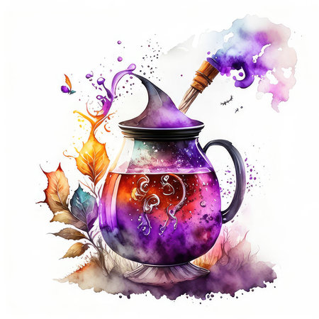 Magic potion in a cauldron on a white background. Watercolor illustrationの素材