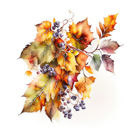 Autumn leaves and berries isolated on white background. Watercolor illustration.の素材