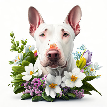White bull terrier with spring flowers and leaves isolated on white backgroundの素材