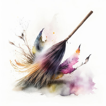 Watercolor illustration of a broom with feathers. Watercolor painting.の素材