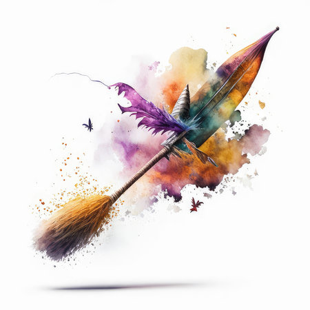 Watercolor illustration of a magic wand with feathers and watercolor splashesの素材