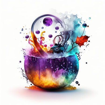 Halloween witch cauldron full of watercolor splashes on white backgroundの素材