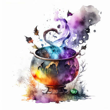 Halloween witch cauldron with potion, watercolor illustration on white backgroundの素材