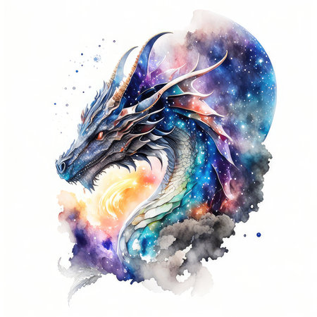 Dragon in the night sky. Watercolor illustration. Fantasy dragon.の素材