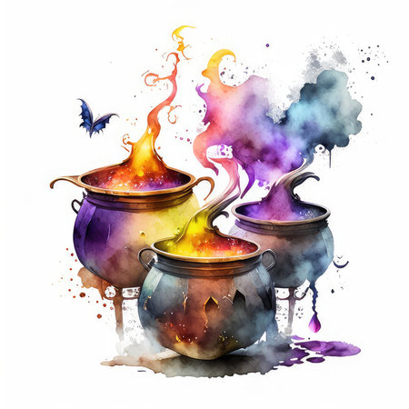 Watercolor illustration of magic cauldron with fire and smoke on white backgroundの素材