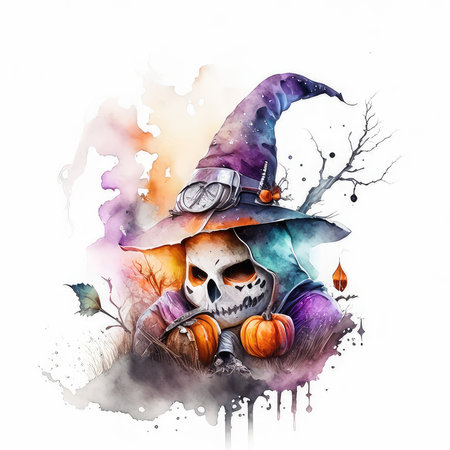 Halloween watercolor illustration with pumpkins and witch hat on white backgroundの素材