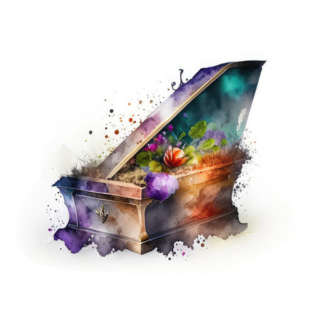 Casket with flowers. Watercolor hand drawn illustration on white backgroundの素材
