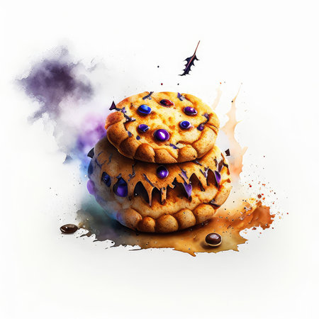 Chocolate chip cookies with watercolor splashes isolated on white backgroundの素材