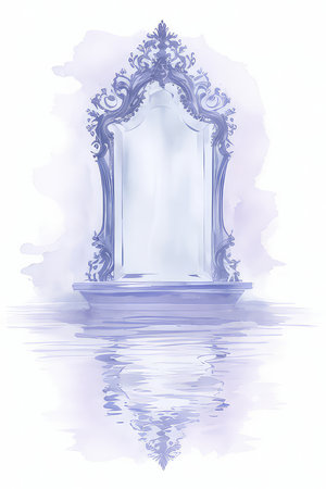 Illustration of an ancient mirror on a white background with water reflectionsの素材