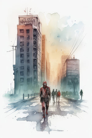 Digital watercolor painting of a man walking in the street in the city.の素材