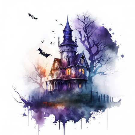 Halloween background with haunted house and bats. Watercolor illustration.の素材