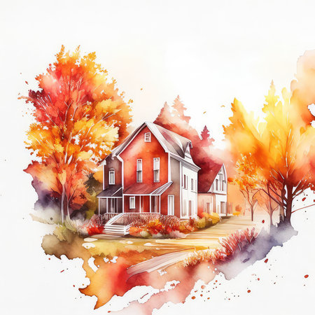 Watercolor autumn landscape with house and trees. Digital art painting.の素材