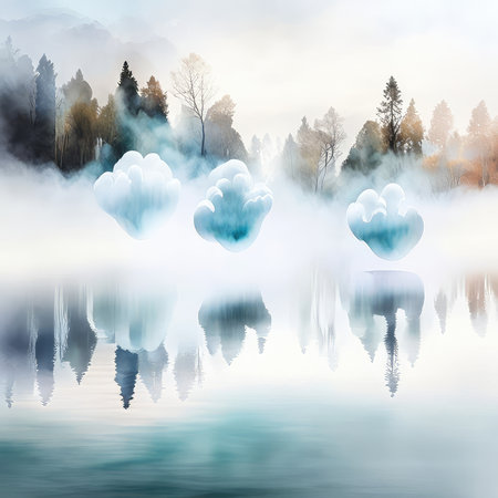 Foggy winter landscape with lake and forest. Vector illustration.の素材