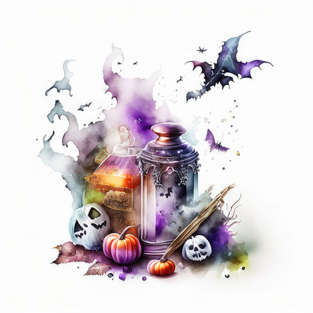 Halloween background with pumpkins, bats, candies and lantern.の素材