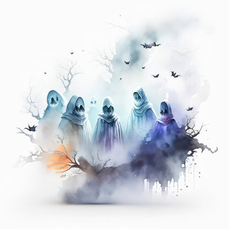 Halloween background with ghosts, bats and pumpkins. Vector illustration.の素材