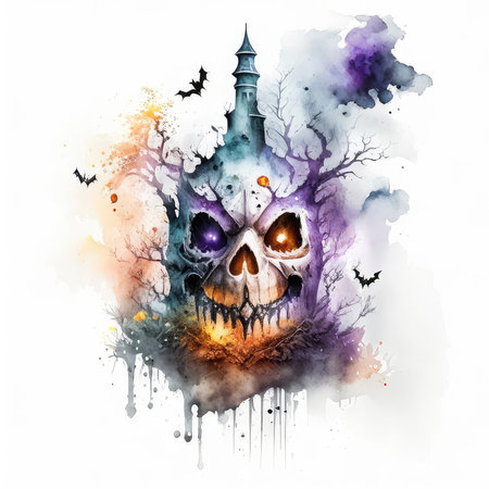 Halloween watercolor illustration. Hand drawn halloween illustration with skull.の素材